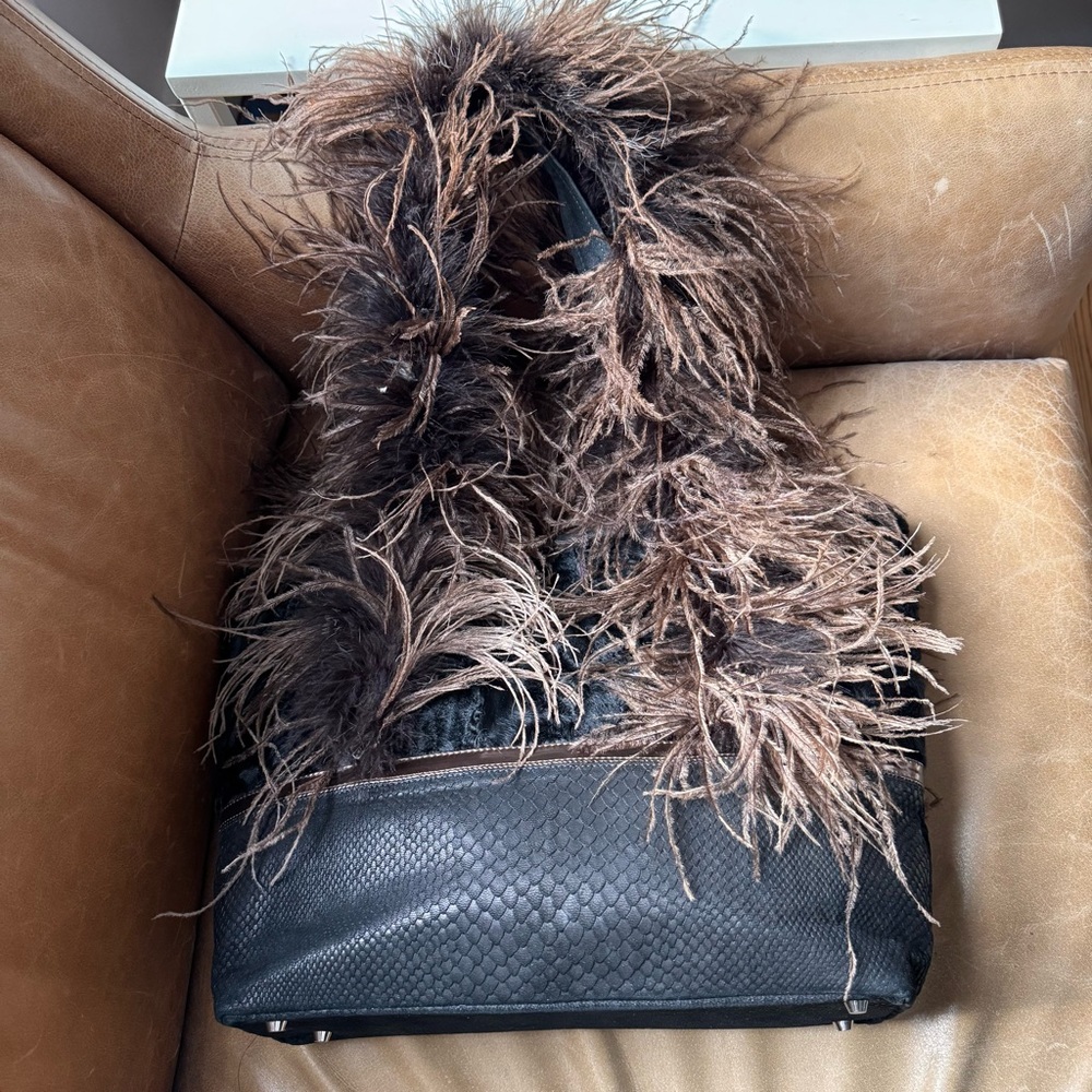 Ingrid Bruha leather fur feather leather suede black brown bag NYC Vintage - Picture 7 of 17